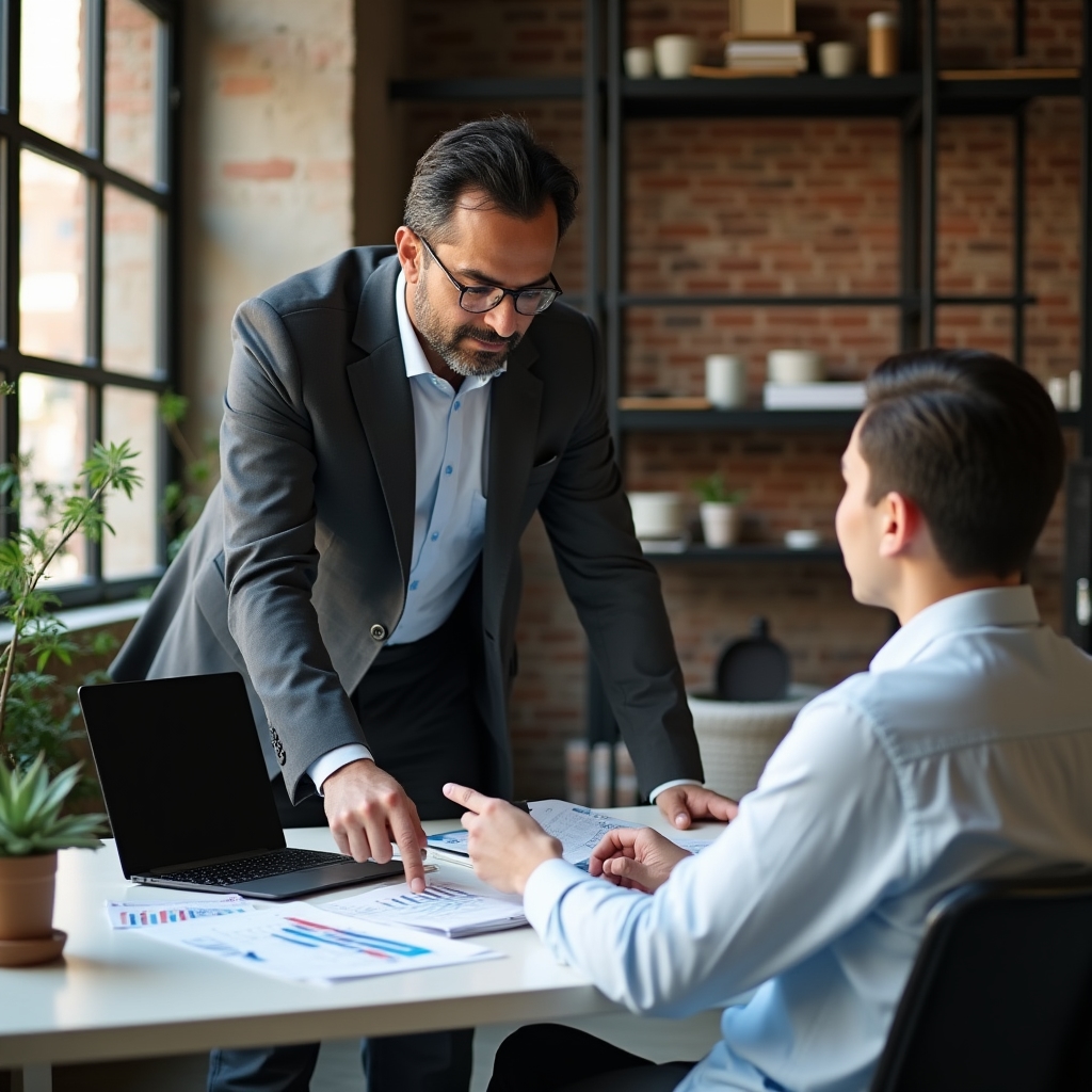 Financial advisor at modern desk explaining savings concepts to client
