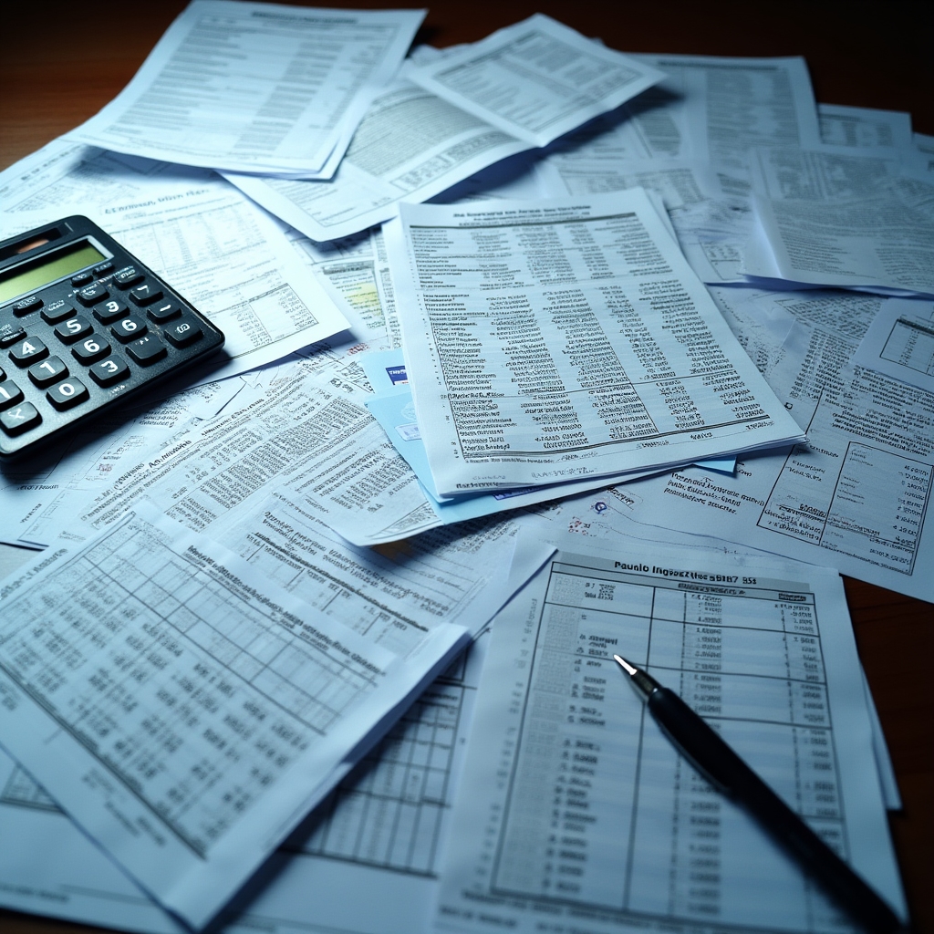 Complex financial documents spread across desk, difficult to understand without guidance