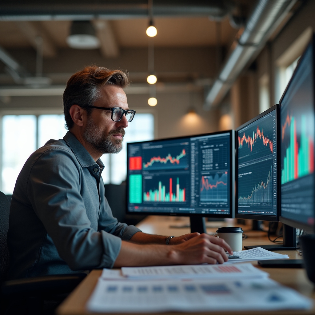 Financial analyst reviewing charts and banking comparison data at modern workstation